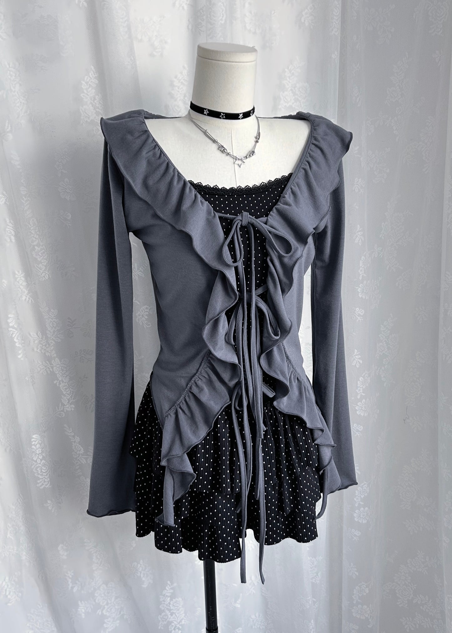 𝐅𝐢𝐨𝐫𝐞𝐭𝐭𝐚 𝐑𝐮𝐟𝐟𝐥𝐞 𝐓𝐰𝐨 𝐖𝐚𝐲 𝐓𝐨𝐩 - 𝐋𝐚𝐯𝐞𝐧𝐝𝐞𝐫 𝐆𝐫𝐞𝐲